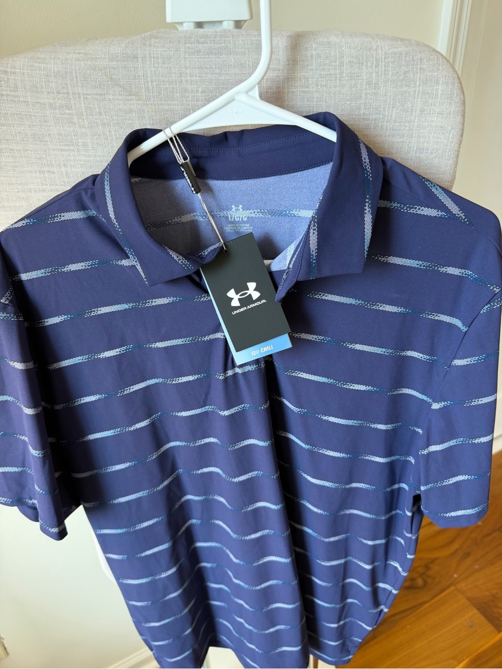 Under Armour Men’s Navy Polo with Light Blue Stripes ISO CHILL